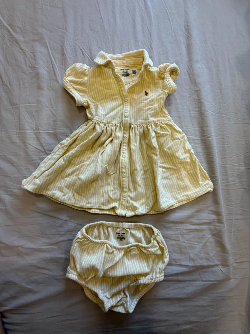 Ralph Lauren Pale Yellow Striped Baby Dress with Matching Diaper Cover
